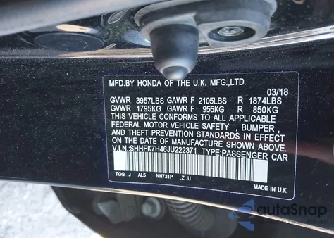 2018 Honda Civic Sport z USA, uszkodzony, nr VIN SHHFK7H46JU222371